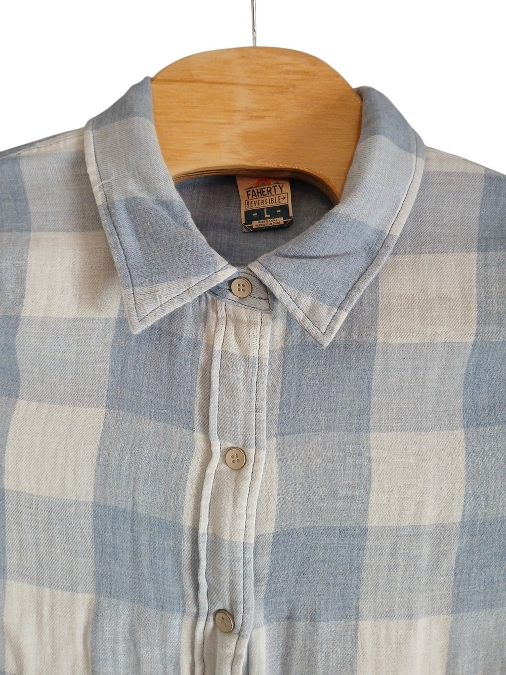 Faherty Light Blue and White Check Reversible Button-Down Shirt Women Large